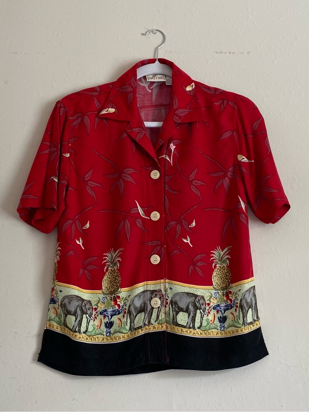 Girls' Red Short-Sleeve Button-Front Shirt with Tropical Border. Holly lane girl